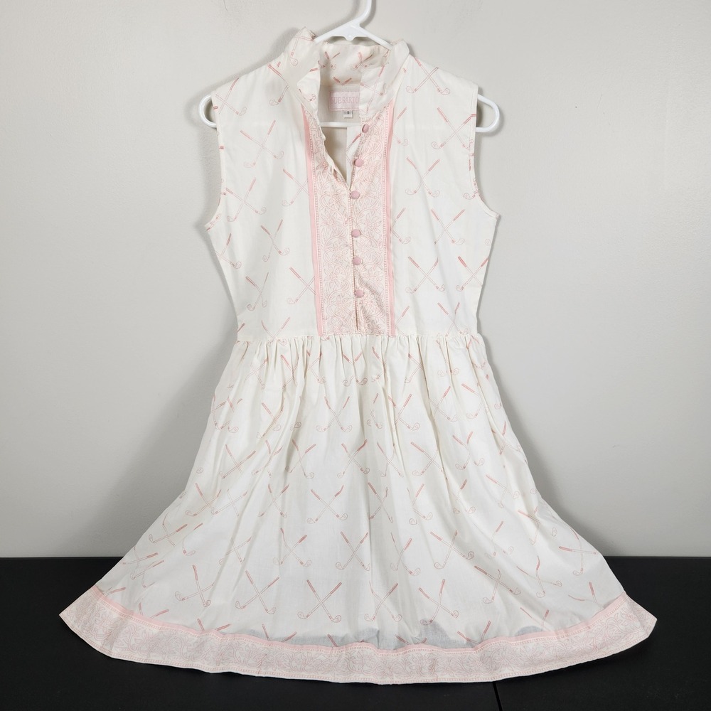 Sue Sartor Golf Club Print Dress Pink White Sleeveless Ruffle Collar Preppy S